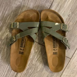 Birkenstock Glossy Olive Green Cross-Strap Sandals